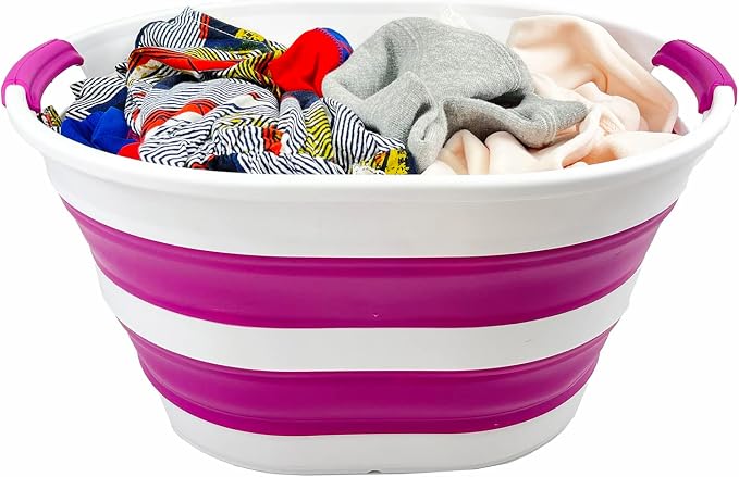 SAMMART 23L (6 Gallons) Collapsible Plastic Laundry Basket - Oval Tub/Basket - Foldable Storage Container/Organizer - Portable Washing Tub (White/Purple (Set of 2)) - Image 3