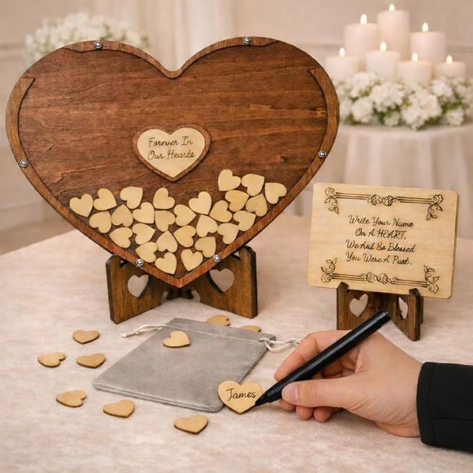 Wooden Heart Memorial Guest Book Alternative, Featuring-Forever in Our Hearts, Signing Hearts with Display Stand (100 Trinkets) - Image 2