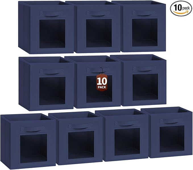 Storage Cube 11 Inch - Cube Storage Bins with Window, Closet Storage Baskets with Handle, Fabric Bins for Closet, Shelves, Toys, Clothes, Set of 10, Navy Blue by Homsorout