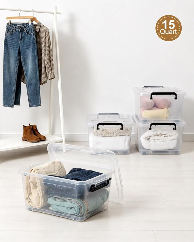 NUMIFUN 15QT Storage Bins with lids, Stackable Space Saver for Family | 4-pack BPA-free plastic boxes with secure latches. Deep recessed lids ensure safe stacking for closet & garage storage. - Image 6