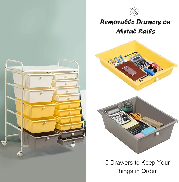 15 Drawer Rolling Storage Cart, Rolling Cart with Drawers for Classroom, Art Supply Craft Organizer on Wheel with Metal Frame & Handles for Home Office School - Image 7