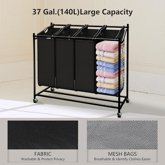 LUCKUP Laundry Sorter 4 Sections with Hanging Bar, 4 Bags Laundry Hamper Rolling Laundry Basket Cart with Lockable Wheels for Laundry Room Bathroom Bedroom, Black - Image 5