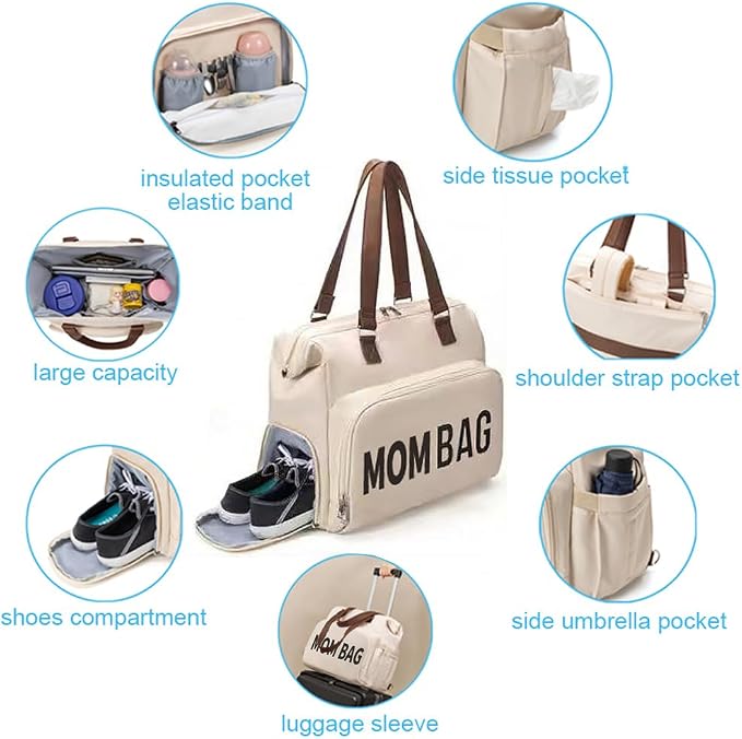 Large Mom's Diaper Bag, Diaper Bag Tote with 2 Organized Pouches & Changing Pad - Image 4