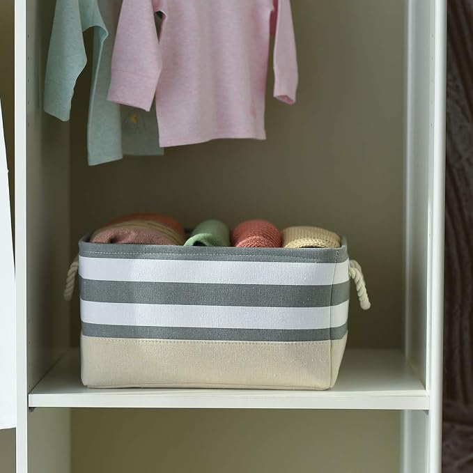 Storage Basket Fabric Basket with Handles Dog Toy Basket Cloth Storage Bin Shelf Basket Decorative Storage Basket Shoe Basket Gift Basket(Grey&White Stripes-1 Pack,15.7L×11.8W×8.3H) - Image 5