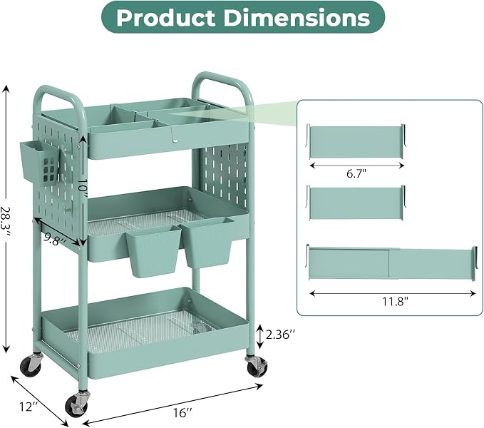 danpinera Rolling Cart, Movable Utility Organizer with Retractable Dividers & Pegboards for Kitchen, Bathroom, Office - Image 2