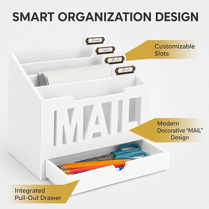 Mail Organizer Countertop, Desktop Mail Sorter with Drawer & Label Tags, WH | Bills, Letters, Envelopes & Receipts - Image 2