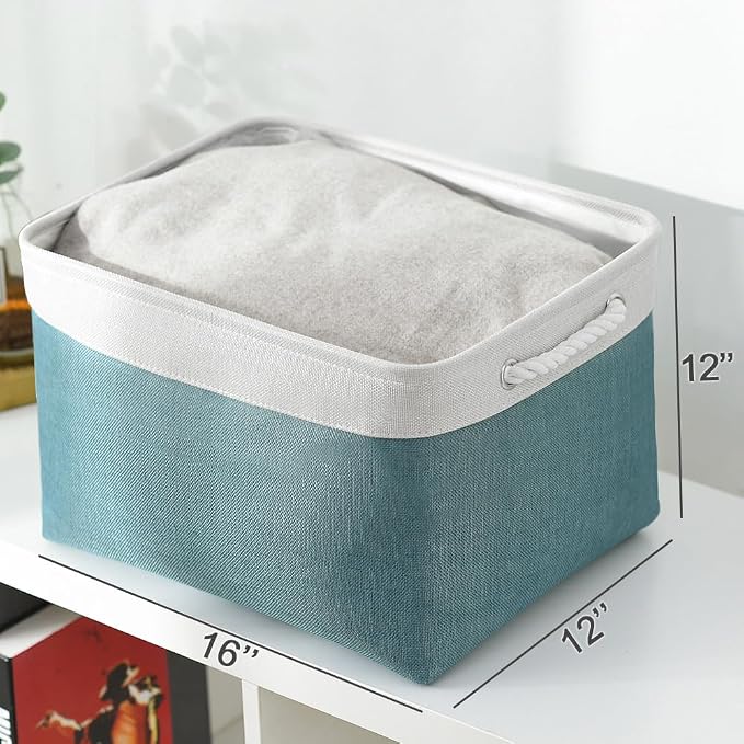 Organization and Storage basket for Organizing - 3 Pack 16x12x12 inch Cube Storage Bin for Shelves, Fabric Storage Cubes for Organizer Cloth Closet Toy Box (White & Green) - Image 5