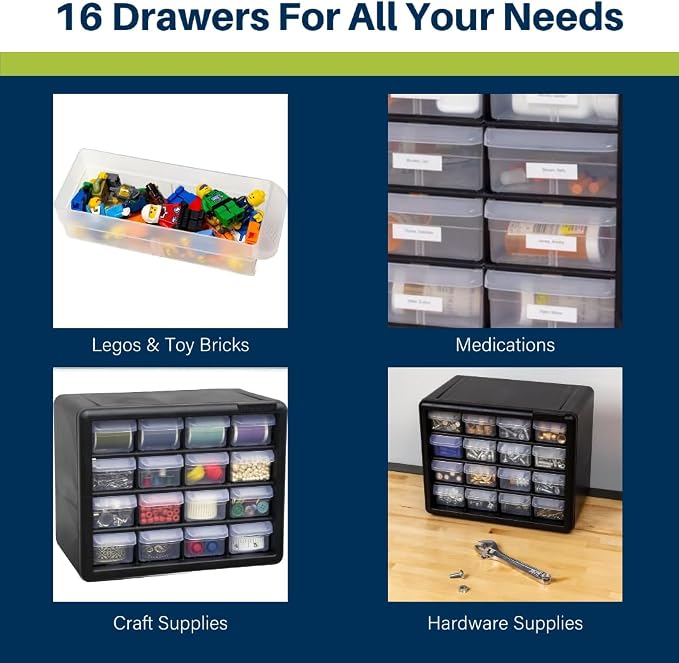 Akro-Mils 16-Drawer Plastic Storage Cabinet | 10-1/2 x 6-1/2 x 8-1/2 Inch | Black | Model 10116 | Garage Organization - Image 5