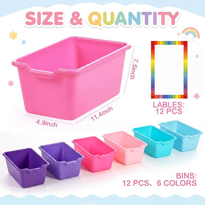 Funrous 12 Pack Book Bins for Classroom Library Plastic Cubby Storage Bins with Labels and Handles Stackable Toy Organizer Containers for Teacher Supplies Home Office Daycare Playroom (Purple Pastel) - Image 2