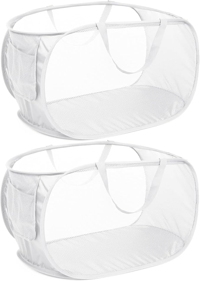Strong Mesh Pop Up Laundry Basket, Collapsible Laundry Hamper with Side Pocket, Foldable Clothes Hamper with Durable Reinforced Handles for Laundry, Bathroom, Kids Room, Dorm or Travel 2 Pack White by Bemkoo