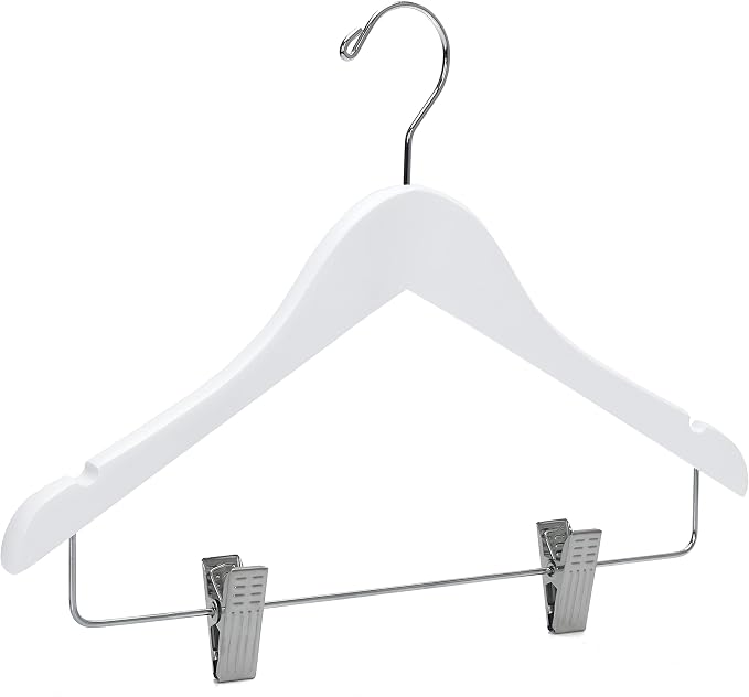 Quality Hangers 80 Pack Kids Skirt Hangers 14 Inches - Junior Preteen Youth Wooden Clothes Hanger with Curved Shoulder Swivel Chrome Hook Adjustable Metallic Clips & Nonslip Notches (White, 80) - Image 7