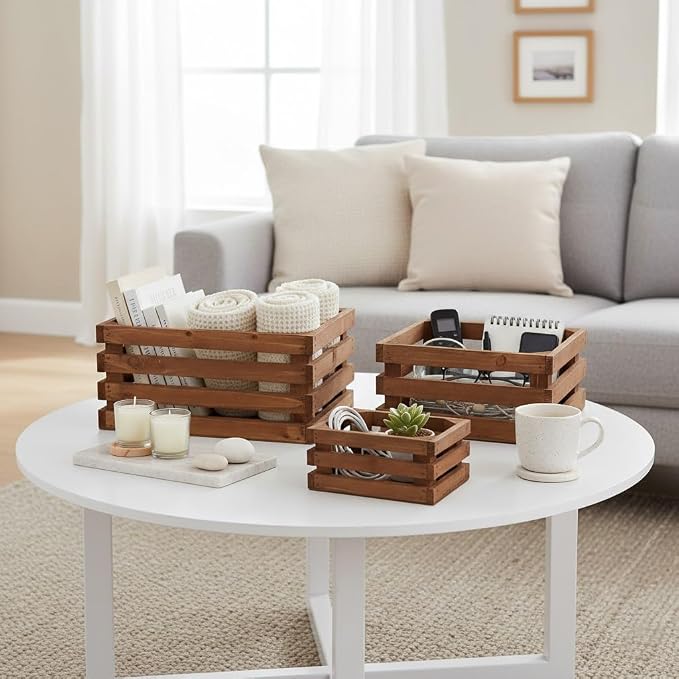 Set of 3 Nesting Wooden Storage Crates - Rustic Wooden Storage Crates for Display Brown Wood Container Boxes Wood Baskets for Farmhouse Flower Stand Display Rack for Shops or Exhibitions Home Decor - Image 3