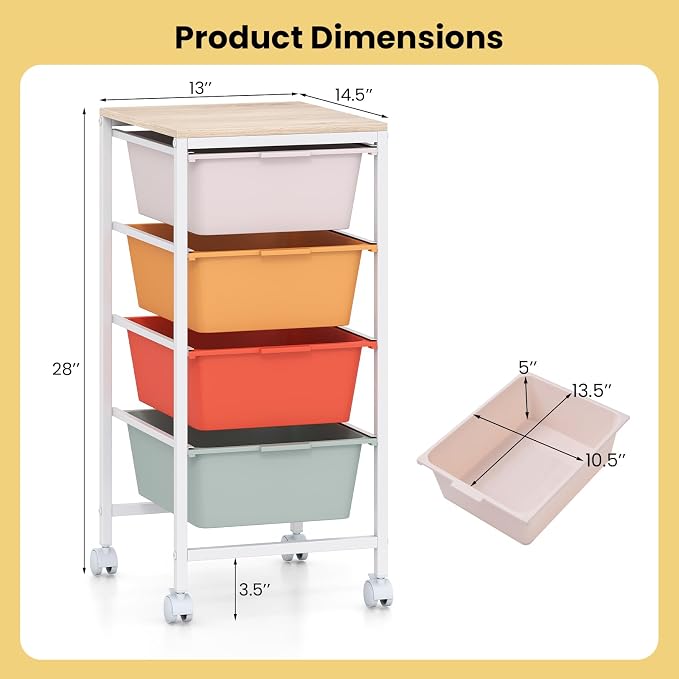 Rolling Storage Cart with 4 Drawers, Plastic Craft Organizer on Wheels with Wooden Top, Mobile Art Supply Utility Cart for Classroom, Home, Office - Image 3