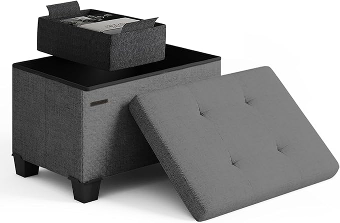 Storage Ottoman Cube with Small Bin, 16-in Square Ottoman with Storage for Living Room and Bedroom, Small Ottomans Foot Rest, Fabric Foot Stools Ottomans Max 330lbs, Grey by STORAGEBUD