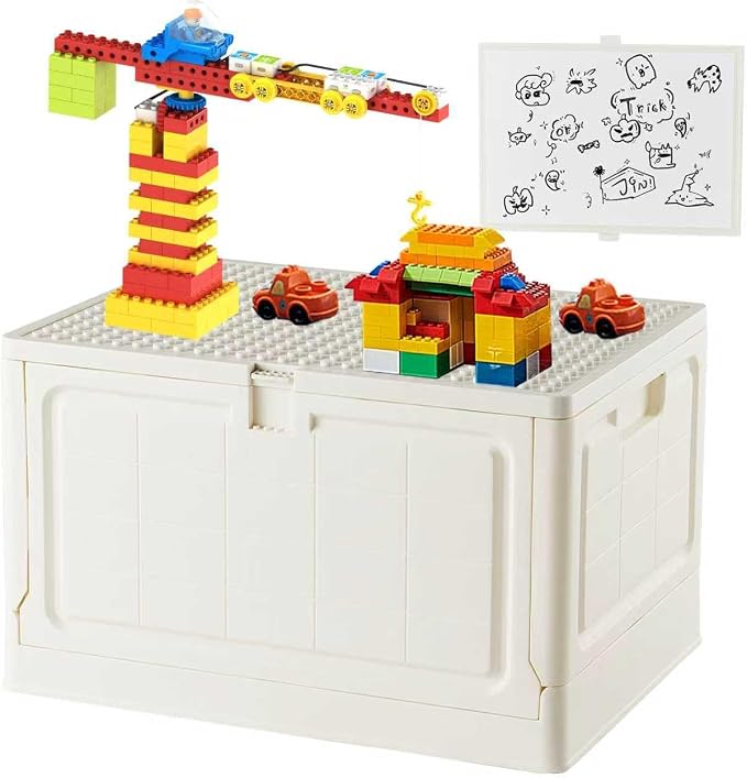 BOSEDSANG Folding Storage Box with Large Building Lid for Duplo Blocks, 28L Collapsible Storage Bin with Back Drawing Board, 29 Qt. Container Storage- 1 Pack- White by BOSEDSANG