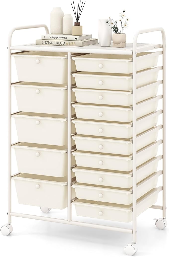 COSTWAY 15 Drawer Rolling Storage Cart, Mobile Storage Organizer | Removable Drawers & Metal Frame, Multipurpose Utility Tools Paper Organizer on Wheels for Home, Office (White) by COSTWAY