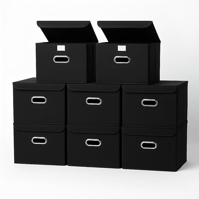 8-Pack Large Collapsible Storage Bins with Lids,Fabric Storage Cubes Organizer for Shelves,Closet,Nursery,Foldable Cube Storage Baskets with Handles,Home Boxes (14.9"x9.8",Black) by SEVENDOME