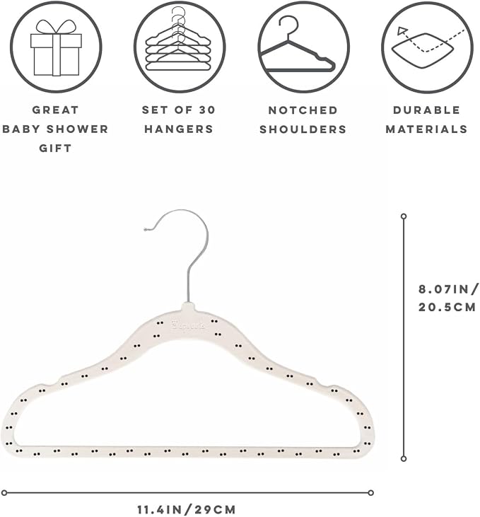 3 Sprouts Velvet Baby Hangers, Non Slip Slim, Double Dot Beige, 30 Pack | Non-slip velvet, Notched shoulders, 360-degree swivel hook, 11.75 x 8 in, Infant and toddler clothes, Soft colors for nursery - Image 2