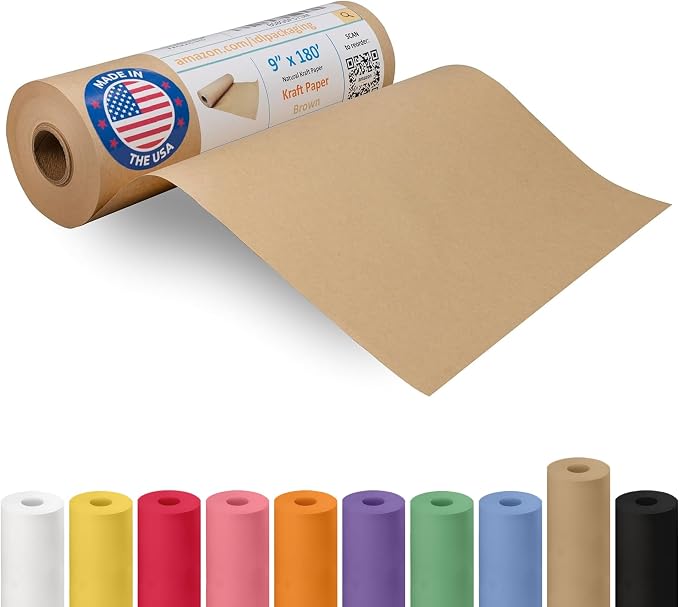 Brown Paper Roll 9" x 2160" (180 feet) - USA-Made Kraft Paper 30lb Thickness - Ideal for Wrapping, Packing, Moving, Shipping, and Arts & Crafts - 100% Recycled Natural Material by IDL Packaging by IDLPackaging
