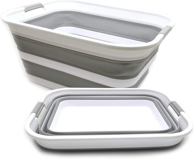 SAMMART 42L Set of 2 Collapsible Plastic Laundry Basket - Foldable Pop Up Storage Container/Organizer - Portable Washing Tub - Space Saving Hamper/Basket (Grey, 2) - Image 5