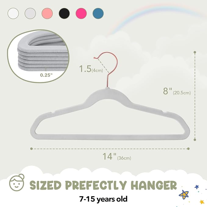 HOUSE DAY Velvet Kids Hangers 60 Pack, Premium Childrens Hangers for Closet, Ultra Thin Cute Hangers Kids Clothes Hanger, Non Slip Kids Felt Hangers 14 Inch, Small Hangers for Kids Clothes, Grey | Grey Ultra Thin Cute Clothes Hanger, Non Slip Small Fel... - Image 7