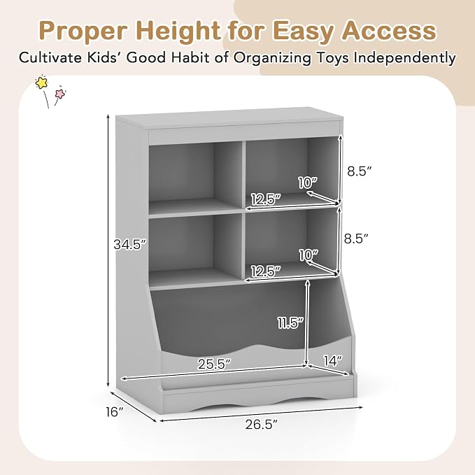 HONEY JOY Kids Toy Storage Organizer with Bookcase, 4-Cubby Organization Storage Cabinet w/Display Shelf, Wooden Toy Storage Unit for Playroom, Nursery Daycare(Gray) - Image 3