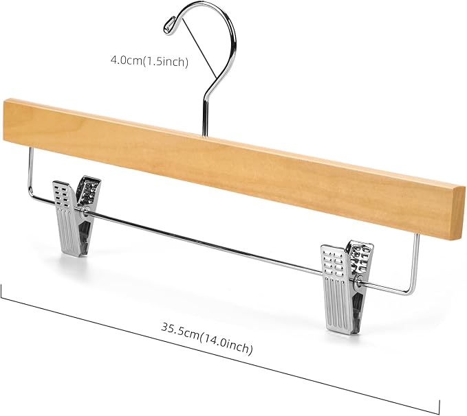 Nature Smile Deluxe Wooden Pants Hangers,Solid Lotus Wood Jeans Skirt Hanger with Clips Anti-Rust Hook Pack of 28（Natural） | Solid Wood Bottom, Jeans Hanger, Skirt Hanger, 2-Adjustable Clips - Image 2