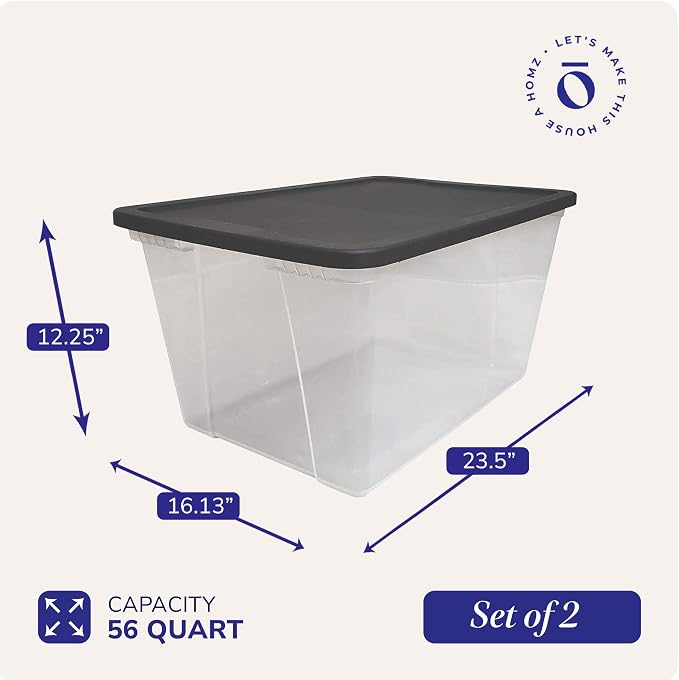HOMZ 2-Pack Snaplock, Large Clear Plastic Storage Organizer Bins w/Lids, 56 Quart, Gray - Stackable Container Boxes for Bedroom, Bathroom, Garage, and Office Organization - Image 4