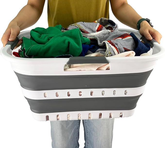 SAMMART Collapsible Plastic Rectangular Laundry Basket - Foldable Pop Up Storage Container/Organizer - Portable Laundry Hamper - Space Saving (White/Steel Grey, 30L) - Image 4