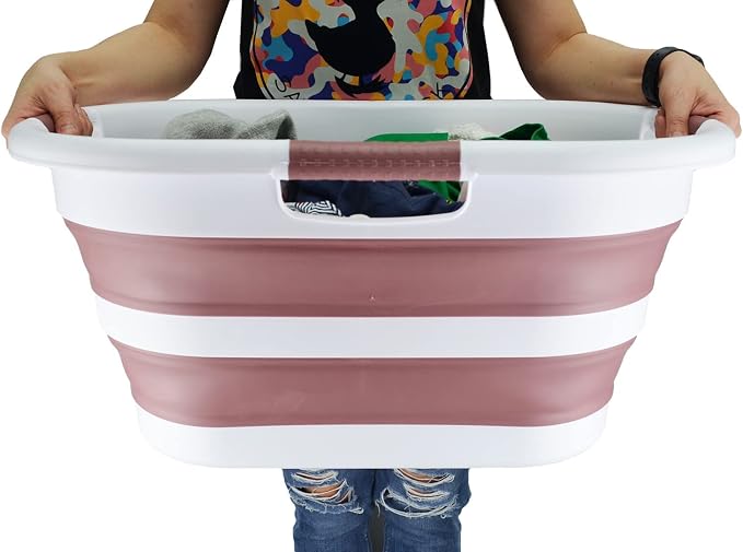 SAMMART 40L (10.5 gallon) Collapsible Plastic Laundry Basket - Foldable Pop Up Storage Container/Organizer - Portable Washing Tub - Space Saving Hamper/Basket (White/Dusky Pink (Set of 2)) - Image 7