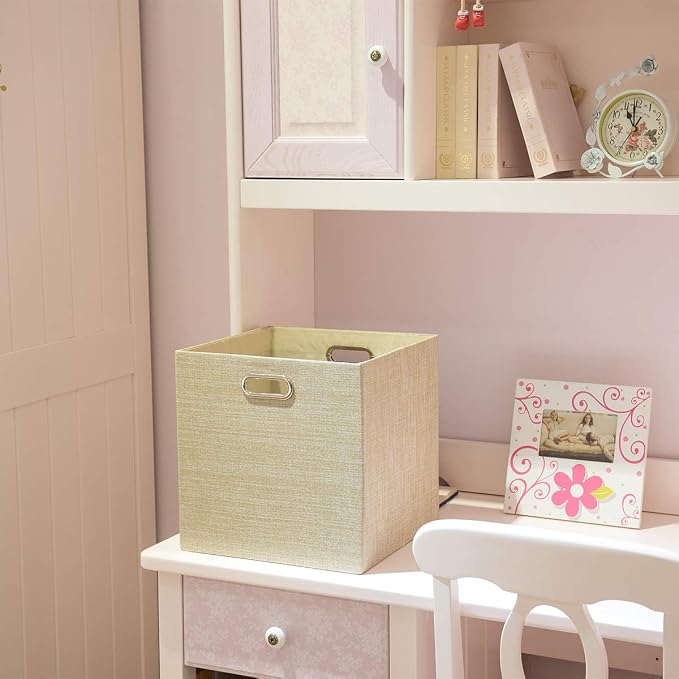 Posprica Foldable Storage Bins,13×13 Storage Cubes Basket Containers for Shelf Cabinet Bookcase Boxes,Thick Fabric Drawers - Set of 2, Beige - Image 3