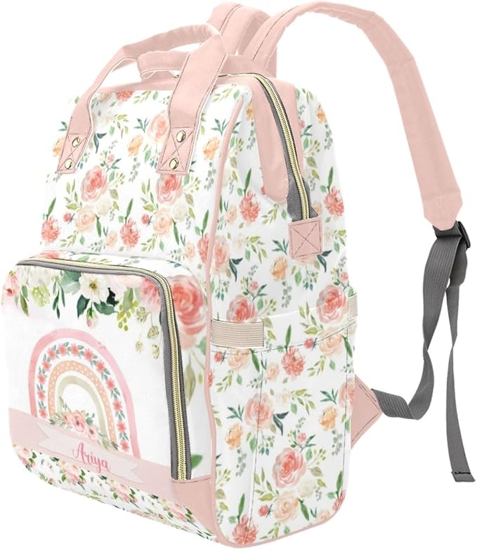 Custom Diaper Bag with Name Personalized Floral Rainbow Nylon Travel Backpack for Holiday Travel Customized Nappy Changing Bag with Pockets for New Mom - Image 2
