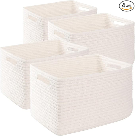 4 Pack Storage Baskets for Organizing, Woven Baskets for Shelves - Perfect for Toys, Books, Towels, and Clothes, Durable Gift Basket Bins Toy Storage, 15.7''Lx11.8''Wx7.8''H, White by SIXDOVE