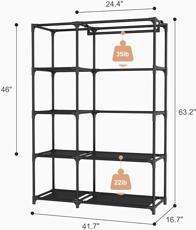 Portable Closets for Hanging Clothes, Wardrobe Closet with Hanging Rod and Clothing Storage Shelves, 8 Side Pockets, Free Standing Clothes Rack with Cover, for Bedroom and Dorm, Black - Image 3