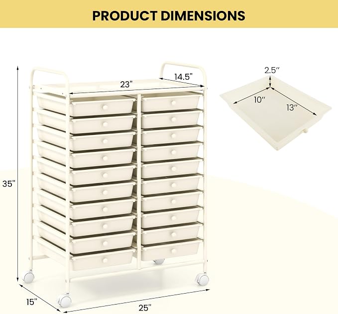 RELAX4LIFE 20-Drawer Rolling Storage Cart - Mobile Rolling Cart w/Drawers for School Classroom Teacher Office Home Salon, Paper File Art Supply Craft Organizer, Utility Cart on Wheels (Ivory) - Image 3