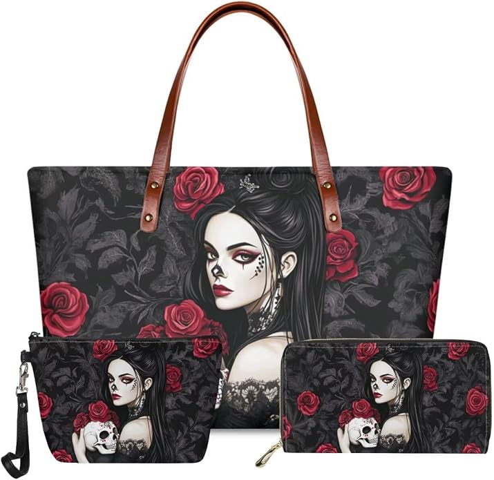 GIFTPUZZ Women Top Handle Bags Handbags with Zipper Leather Wallet Cash Card Phone Holder and Makeup Bag Set 3pcs by GIFTPUZZ