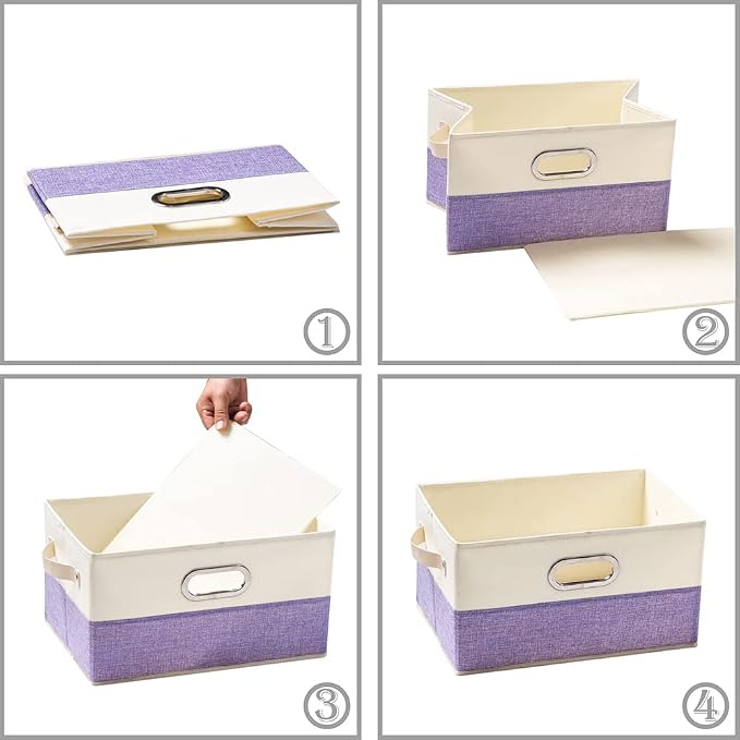 Large Fodable Storage Bins for Closet [3-pack] Decorative Fabric Storage Baskets Cubes with Leather/Metal Handles for Shelves Bedroom Living Room Purple&Cream (14.9x9.8x8.3 Inch) - Image 5