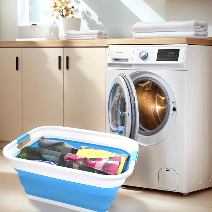 SAMMART Set of 2-41L(10.8 gallon) Collapsible Plastic Laundry Basket-Pop Up Storage Container-Portable Washing Tub-Space Saving Hamper/Basket, Water capacity:32L(8.4 gallon) (2 rectangular, Sky Blue) - Image 5