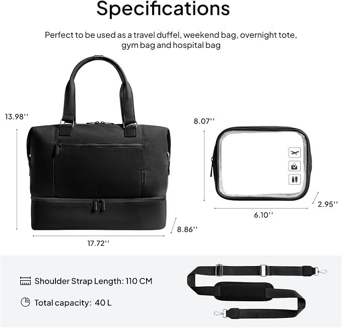 Travel Duffle Bag for Women,40L Weekender Bags Airline Approved Carry On with Shoe Compartment & Waterproof Wet Pocket, Durable Nylon Weekender Overnight Bag for Travel, Gym, Business Trip, Black - Image 3