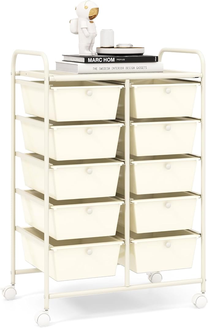 RELAX4LIFE 10 Drawer Storage Cart - Ivory Metal Frame Rolling Art Cart Organizer with Lockable Wheels, Utility Cart for Crafting Storage, Office, Home, School by RELAX4LIFE