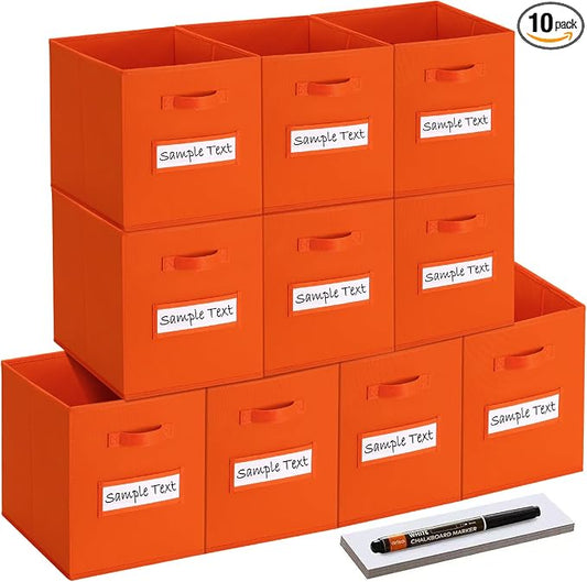 11x11 storage cube bins (Set of 10) Foldable Fabric storage cubes with 10 Labels Window Cards & a Pen,11 inch cube storage bin,Closet Organizers for Shelves,Cubby Organizer Boxes,Orange by Artsdi