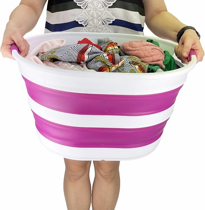 SAMMART 23L (6 Gallons) Collapsible Plastic Laundry Basket - Oval Tub/Basket - Foldable Storage Container/Organizer - Portable Washing Tub - Space Saving Laundry Hamper (White/Purple) - Image 7