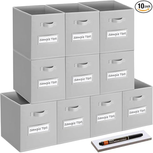 11x11 storage cube bins (Set of 10) Foldable Fabric storage cubes with 10 Labels Window Cards & a Pen,11 inch cube storage bin,Closet Organizers for Shelves,Cubby Organizer Boxes,Light Grey by Artsdi