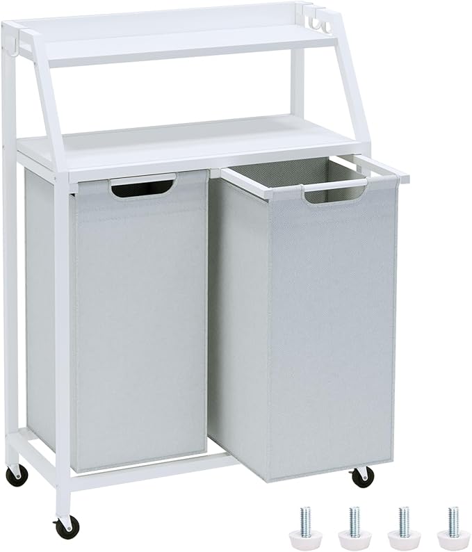 Laundry Hamper, Laundry Sorter 2 Section, Rolling Laundry Basket with Wheels, 2 Shelves, 2 × 14.5 Gal, Pull-Out and Removable Oxford Fabric Bags, for Laundry Room, White and Grey by Timberer