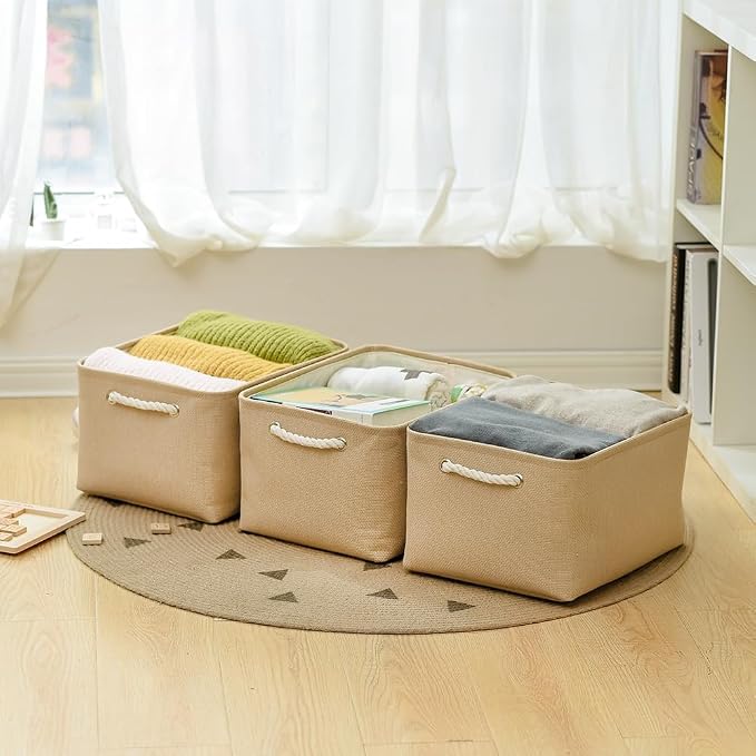 Organization and Storage Bin for Shelves - Large 3 Pack 16x12x8 inch Storage Basket for Organizing, Canves Storage Cubes for Organizer Toy Closet Cloth Gift (Beige) - Image 5