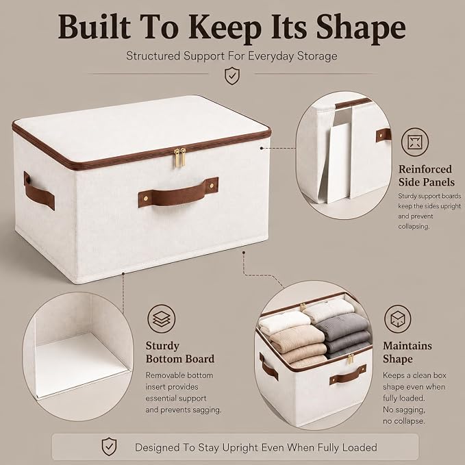 Tuza 3 Pcs Rigid Storage Bins with Zipper Lid, Cotton Linen Fabric Storage Boxes, Foldable Shelves Clothes Storage Cubes with Handles for Wardrobe, Closet(Beige, 42L) - Image 4