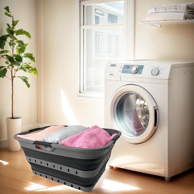 SAMMART 42 (11 Gallons) Collapsible Plastic Laundry Basket, Foldable Pop Up Storage Container/Organizer, Space Saving Hamper, Portable Bin for Dorm Room Bathroom (2, Grey/Black) - Image 7