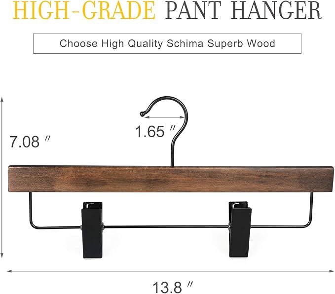 TOPIA HANGER Pants Hangers, Wooden Skirt Hangers with Adjustable Metal Clips, Premium Retro Finish and 360° Swivel Black Hook, Jean Hangers for Closet,10 Pack, CT03A - Image 2