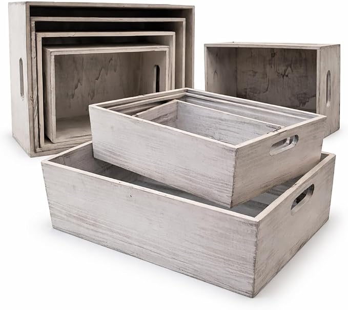 4 Pack Nesting Wooden Crates with Handles - Whitewashed Decorative Boxes | Farmhouse Rustic Wood Crate for Storage and Display, Shelf Organization, Home Decor, Pantry Organizer, Open Top Design - Image 3