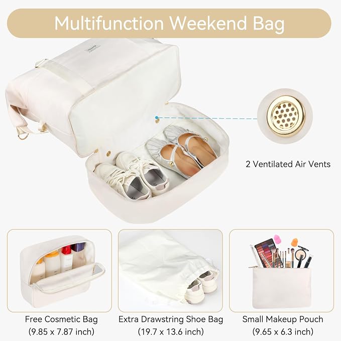 Voova Weekender Duffle Bag Set with Shoe Compartment, 4 Piece, Beige | Carry-on travel set includes weekender, shoe bag, toiletry bag and makeup pouch for organized overnight trips - Image 3